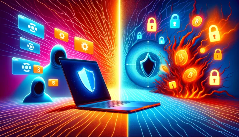 A digital divide The serene security of macOS on one side, and the encroaching chaos of malvertising on the other, visualizing the cyber threats that lurk behind digital ads.