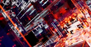 Abstract futuristic cyber landscape with digital matrix and glowing lights