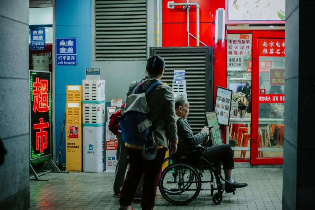 Candid shot capturing daily life on a bustling street in Nanjing, China