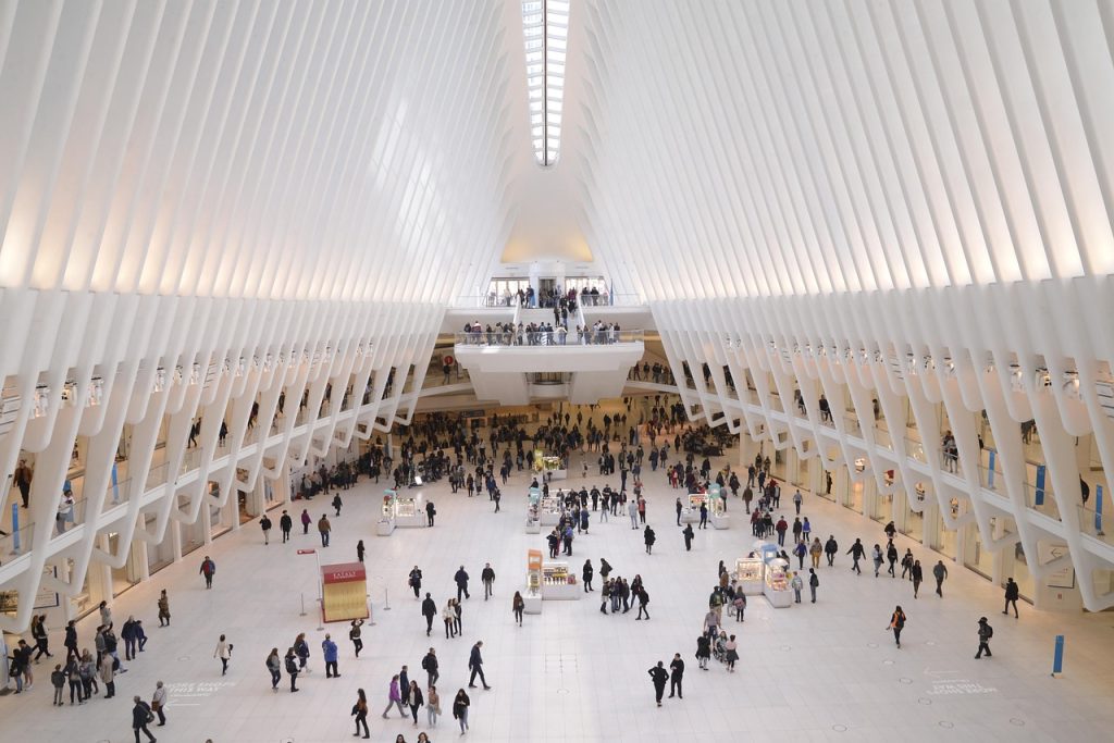 World trade center, building, people, and interior