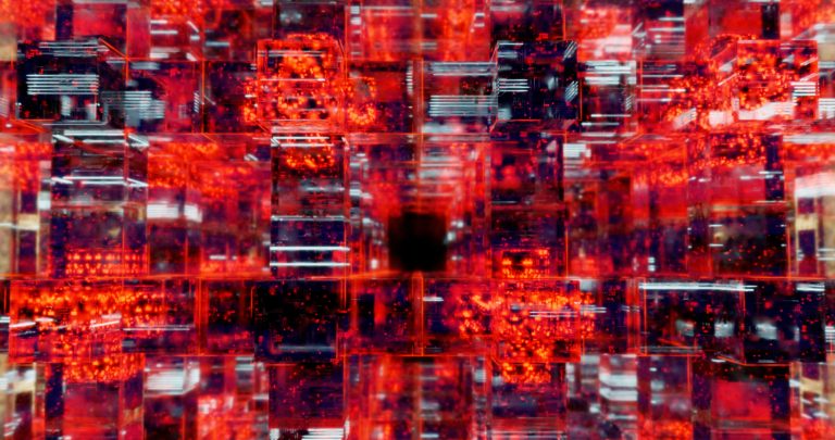 Vibrant digital art showcasing an abstract matrix with red and black hues