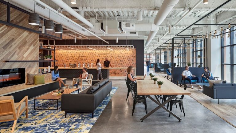 Lounge and communal work area at Rapid7 headquarters