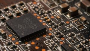 Detailed close-up of a computer circuit board showcasing electronic components