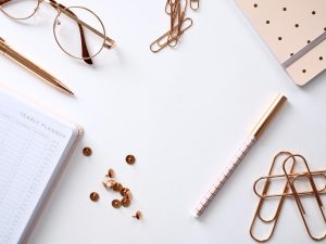 Notebook, desk, paper, and desktop