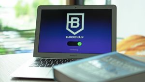 Laptop with blockchain application interface connecting