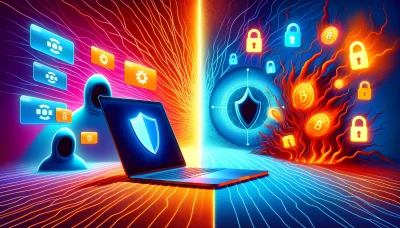 A digital divide The serene security of macOS on one side, and the encroaching chaos of malvertising on the other, visualizing the cyber threats that lurk behind digital ads.