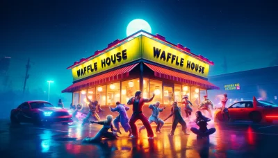 Where worlds collide The vibrant energy of Tekken 8 battles meets the iconic Waffle House setting, showcasing an unforgettable diner brawl.